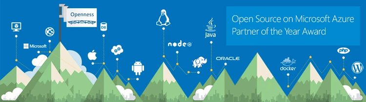 Wide illustrated banner with green mountains under a blue sky, showing logos for technologies