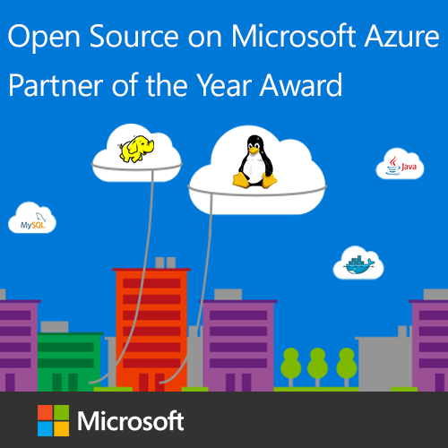 showing clouds connected to buildings and containing logos for open‑source technologies