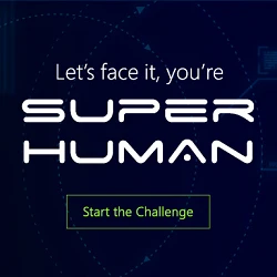 Square graphic with the text “Let’s face it, you’re SUPER HUMAN” above a green button labeled “Start the Challenge” on a dark blue background
