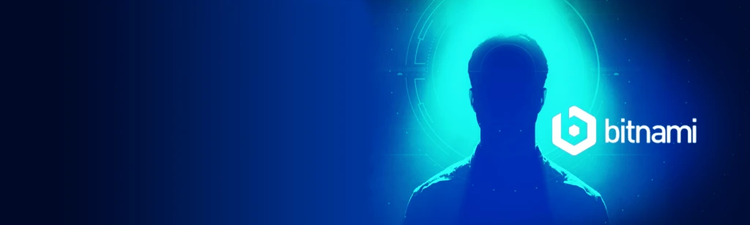 Silhouetted person on blue glowing background with the Bitnami logo and text on the right