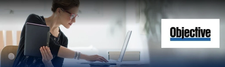 Person with blurred face using a laptop and holding a tablet, with the Objective logo on the right