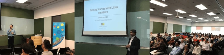 Collage of a “Getting Started with Linux on Azure” event showing speakers presenting and a large audience in a conference room, with faces blurred