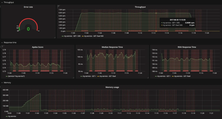 Application performance dashboard showing error rate gauge, throughput, response time metrics, and memory usage charts over time