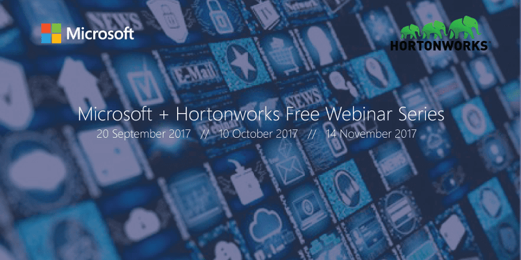 Banner for “Microsoft + Hortonworks Free Webinar Series” with company logos and dates over a blue background of app icons