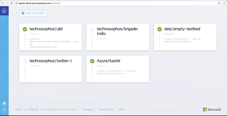 Dashboard view of the Kashti web UI showing a grid of Brigade projects with their names and status indicators