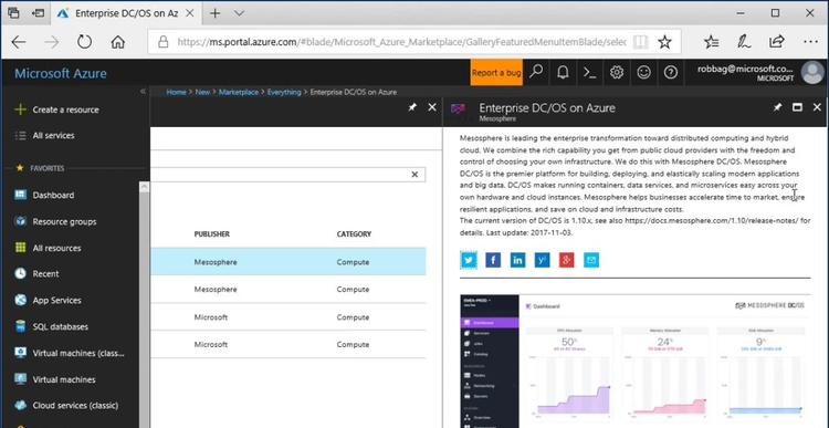 Screenshot of the Microsoft Azure portal showing the Enterprise DC/OS on Azure marketplace listing with publisher details and description