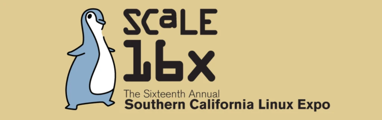 Cartoon penguin next to the text “Scale 16x – The Sixteenth Annual Southern California Linux Expo” on a tan background