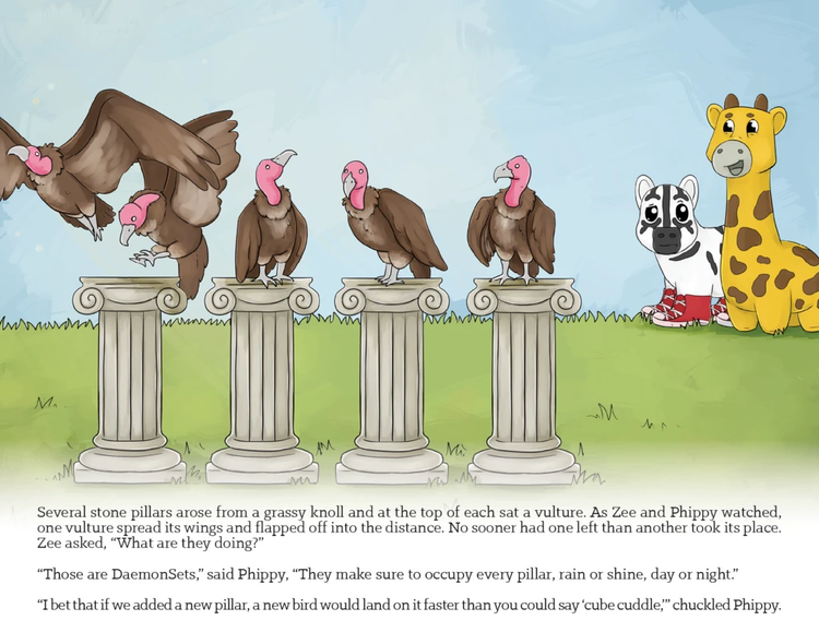 Image 10 - Several stone pillars arose from a grassy knoll and at the top of each sat a vulture. As Zee and Phippy watched, one vulture spread its wings and flapped off into the distance. No sooner had one left than another took its place. Zee asked,