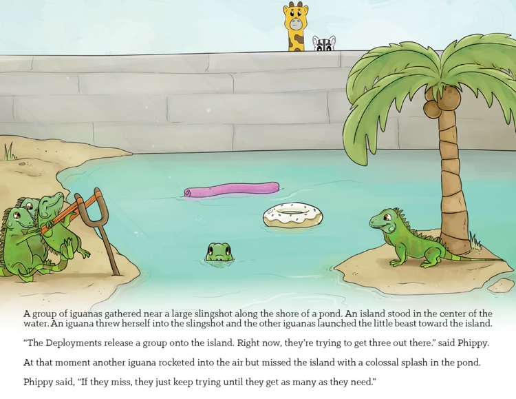 Image 8 - A group of iguanas gathered near a large slingshot along the shore of a pond. An island stood in the center of the water. An iguana threw herself into the slingshot and the other iguanas launched the little beast toward the island.
