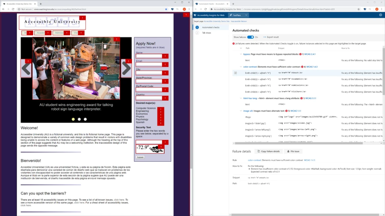Screen showing automated check test results in Accessibility Insights for Web