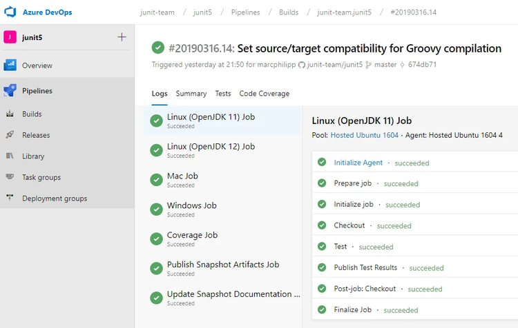 JUnit Azure Pipelines screenshot