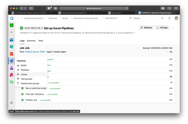 Screenshot of an Azure DevOps pipeline run summary showing job steps, status, and side navigation in a web browser
