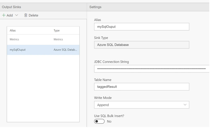 a screenshot of adding Azure SQL Database as an output sink