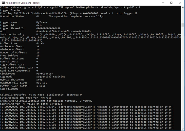 Command prompt showing ETW output from the bpf_printk statements in a eBPF program.