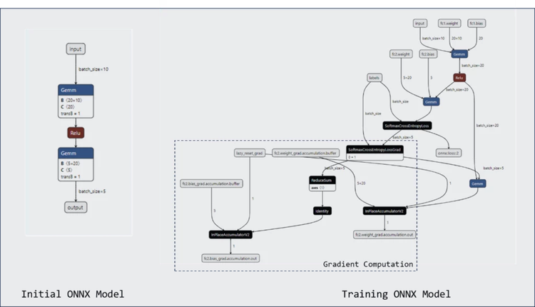 Training ONNX Model demonstrating forward and backward passes for a simple forward ONNX model