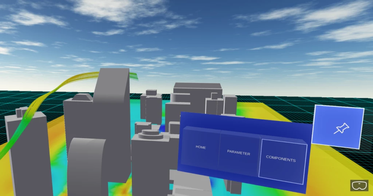 A virtual city environment with a parameterized inlet wind direction, created using Babylon.js and jsfluids.