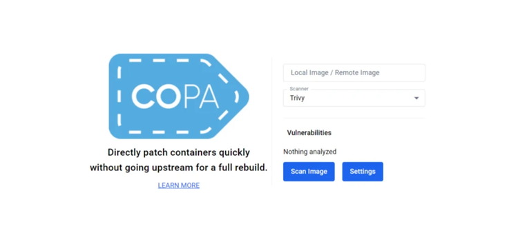 Homepage of Copa Docker Extension, with the Copa logo and an input for image to be patched.