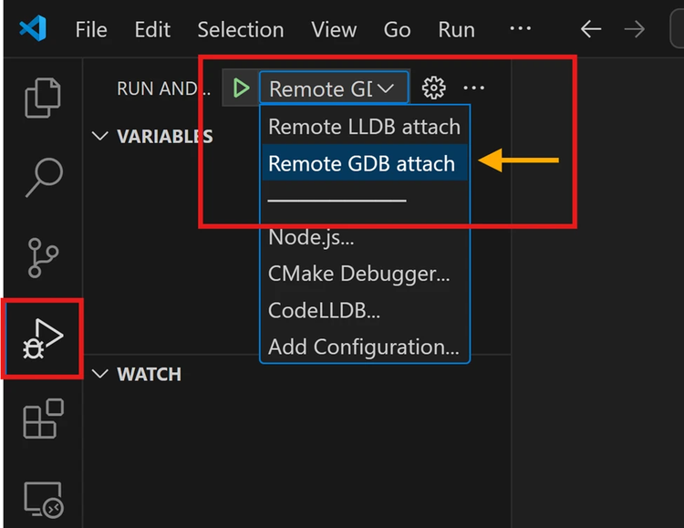 V S Code Activity Bar showing the Remote G D B attach activity in the dropdown list.