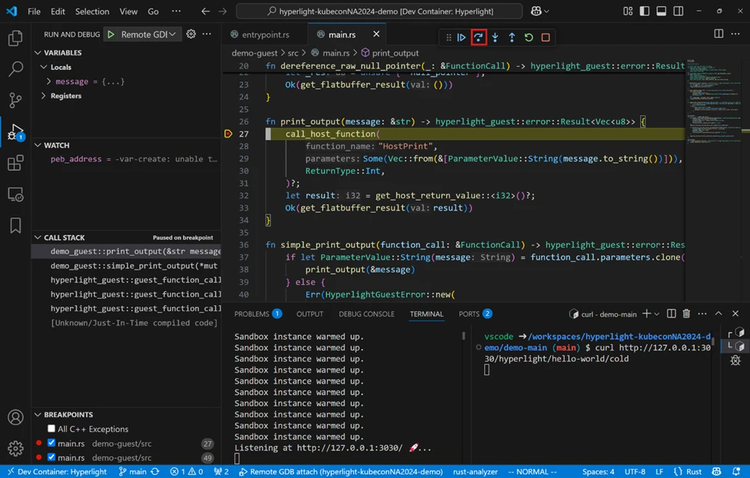 V S Code screenshot blocking on the “call_host_function” function.