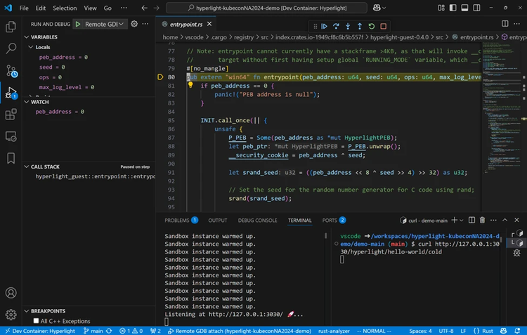 V S Code screenshot of the automatically set breakpoint at the entrypoint function.