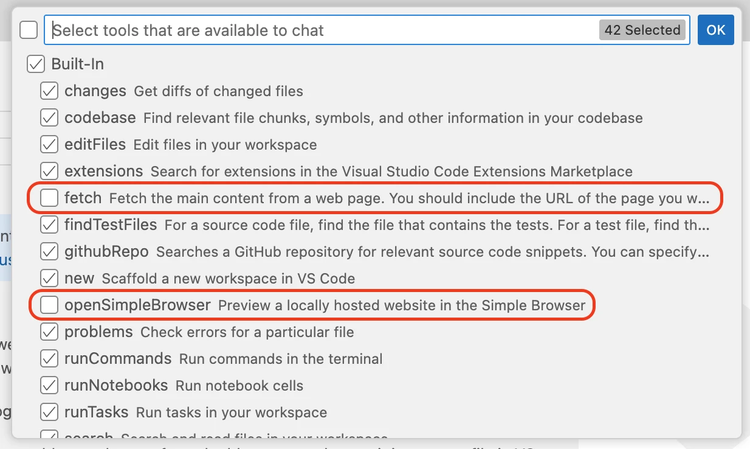 Screenshot of VS Code interface showing the tools dropdown menu with built-in fetch and browser tools that can be disabled.