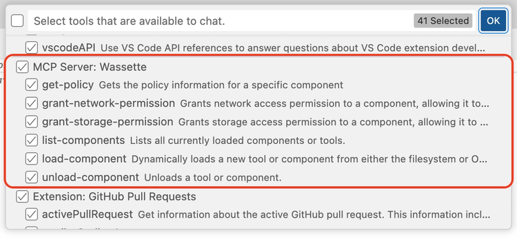 Screenshot of GitHub Copilot chat interface showing the tools list with Wassette listed as an available MCP tool.