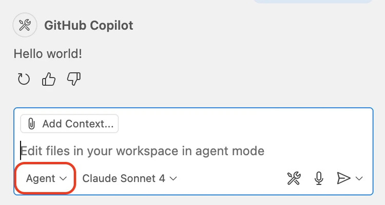 Screenshot of GitHub Copilot chat interface in VS Code showing the Agent Mode toggle and chat input area.