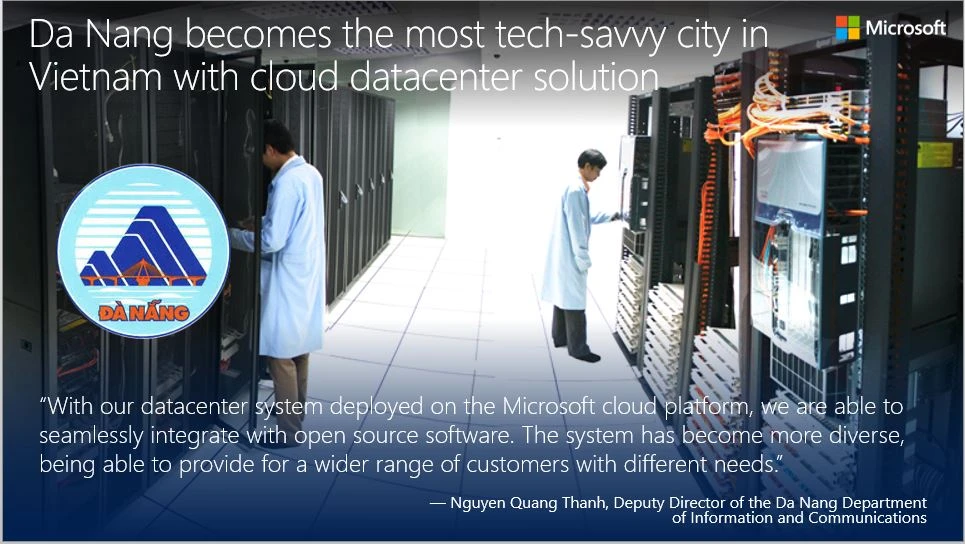 Text overlay on an image of two people in a data center wearing white lab coats. Text reads, 
