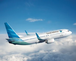 a large passenger jet flying through a cloudy blue sky