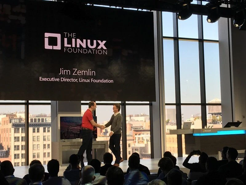 Scott Guthrie and Jim Zemlin onstage at Connect 2016