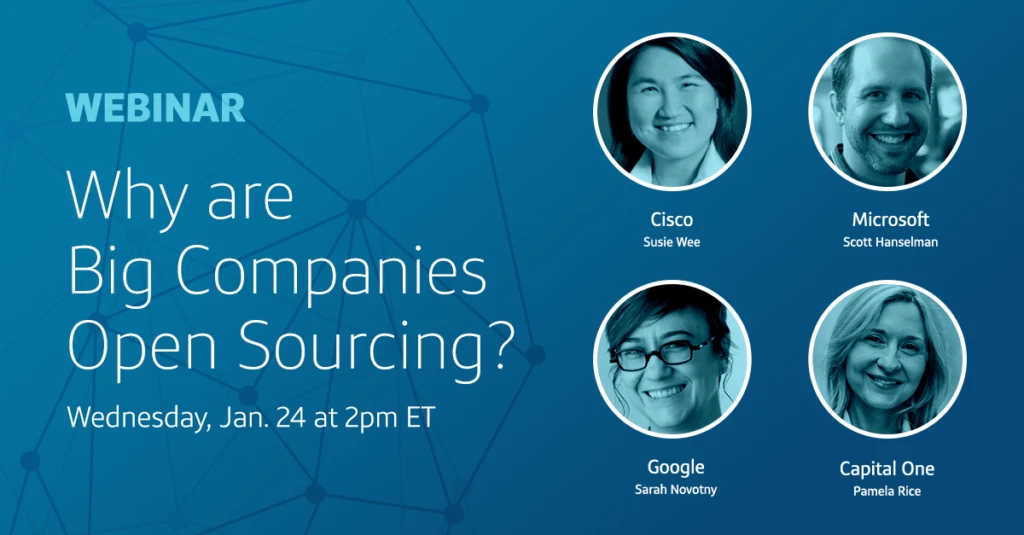 Webinar banner with text, "Why are big companies open sourcing?"