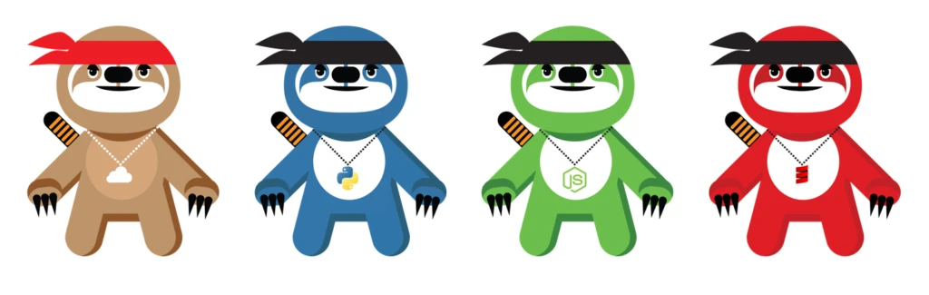 four cartoon sloths in ninja attire