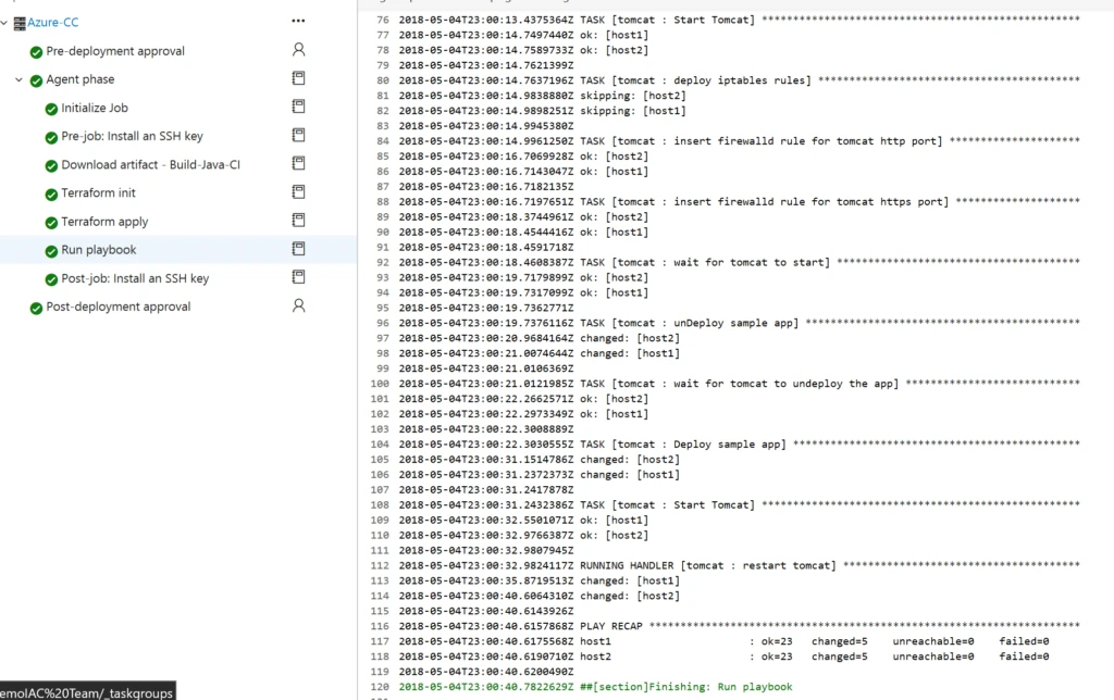 example output of the pipeline when Tomcat was already installed on the provisioned servers (screenshot)