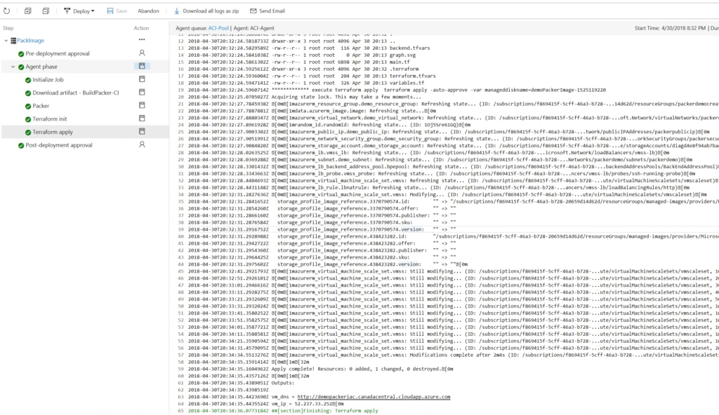 we can see the image build built, the Ansible Playbook run, and the managed disk name as an output of the task.