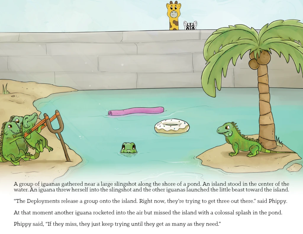 Image 8 - A group of iguanas gathered near a large slingshot along the shore of a pond. An island stood in the center of the water. An iguana threw herself into the slingshot and the other iguanas launched the little beast toward the island.
"The Deployments release a group onto the island. Right now, they're trying to get three out there." said Phippy.
At that moment another iguana rocketed into the air but missed the island with a colossal splash in the pond.
Phippy said, "If they miss, they just keep trying until they get as many as they need."