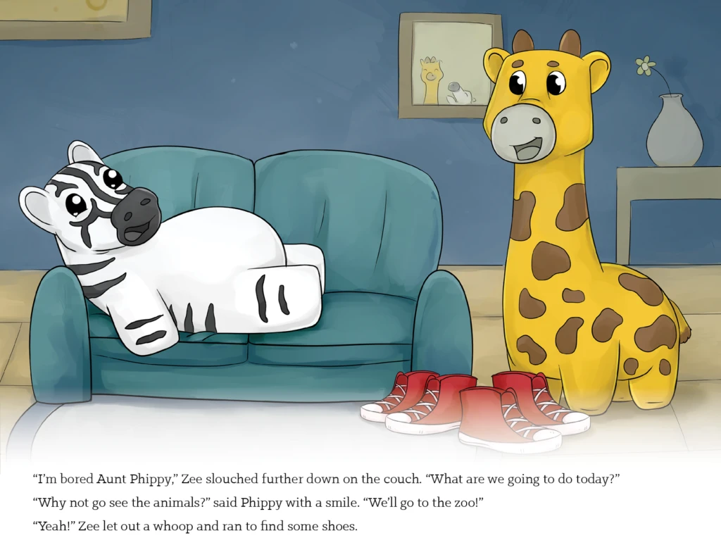 Image 1 - "I'm bored Aunt Phippy," Zee slouched further down on the couch. "What are we going to do today?"
"Why not go see the animals?" said Phippy with a smile. "We'll go to the zoo!"
"Yeah!" Zee let out a whoop and ran to find some shoes.