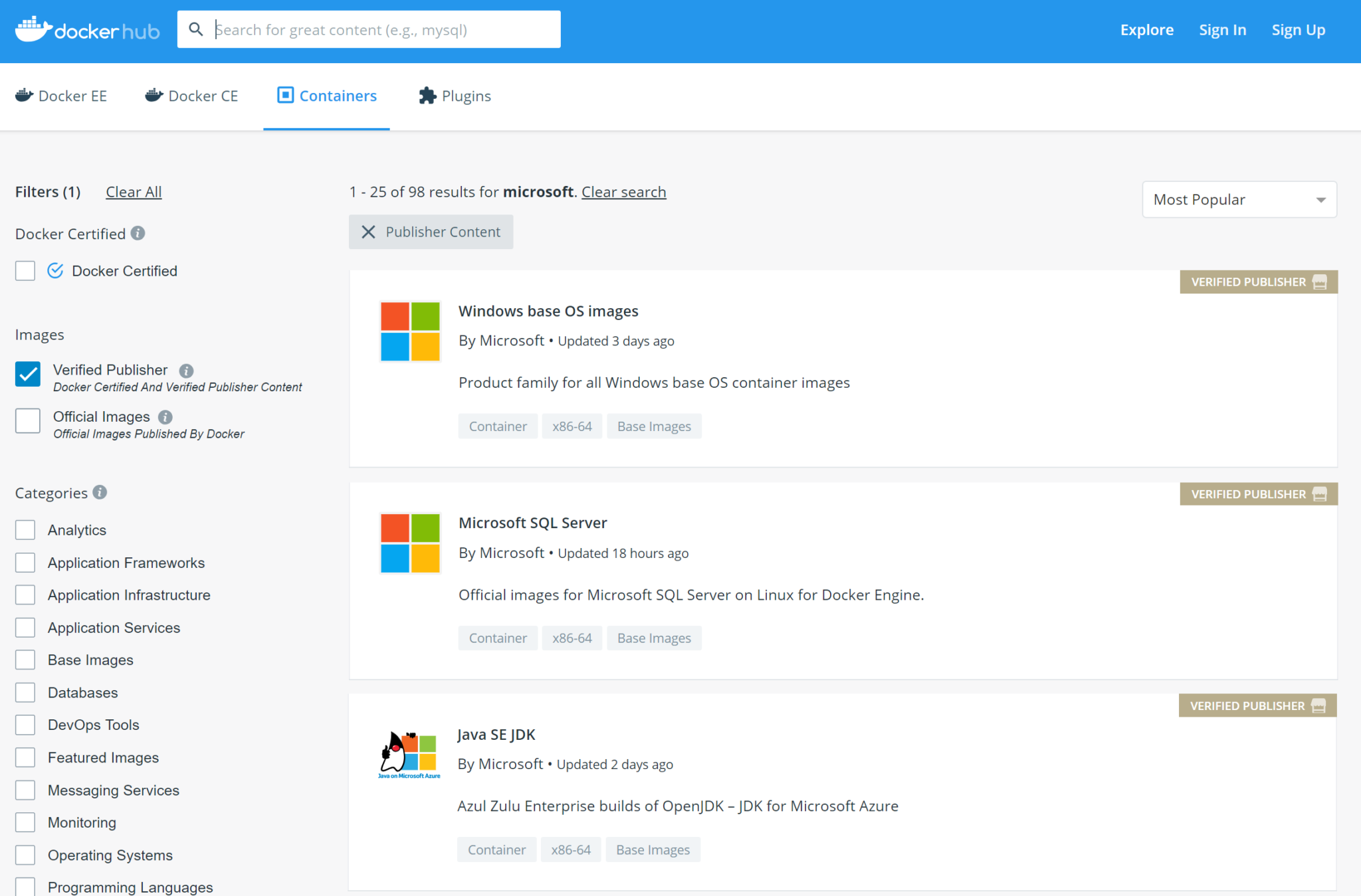 Improved discovery experience for Microsoft containers on Docker Hub