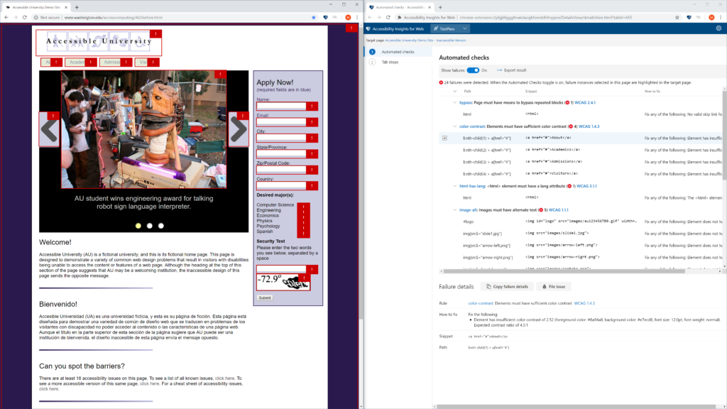 Screen showing automated check test results in Accessibility Insights for Web