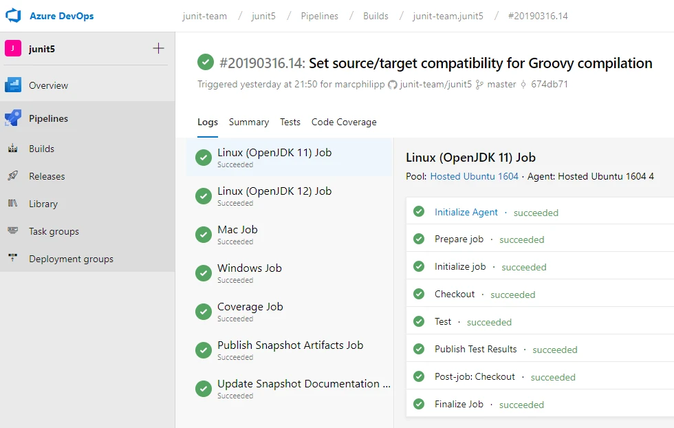 JUnit Azure Pipelines screenshot