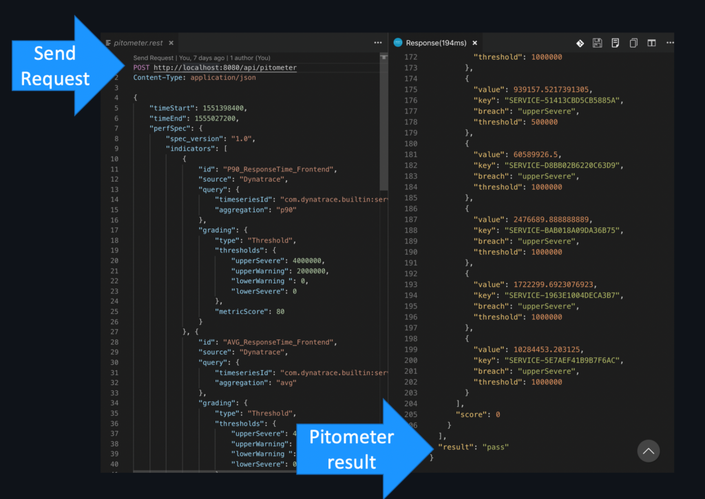Image of a Pitometer request and response in VS Code