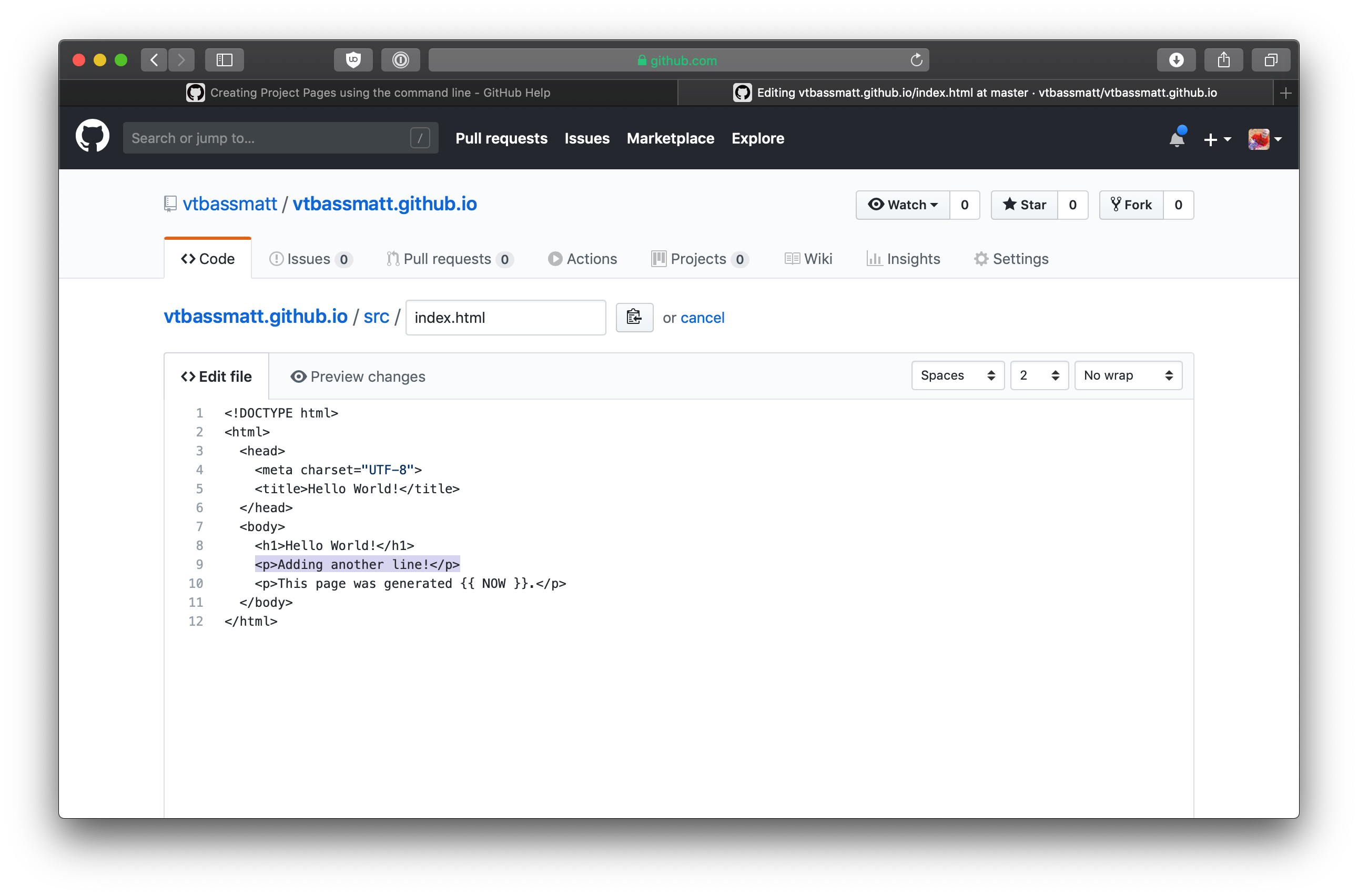 "5. Go back to GitHub and use the web editor to change files in the /src directory" screenshot