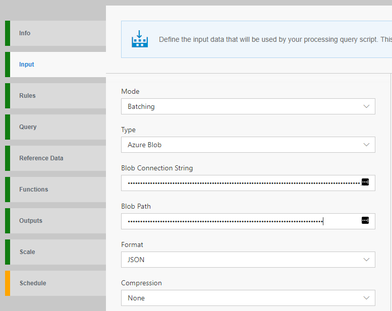 Screenshot of setting up an Azure object storage “blob” input for a batch job