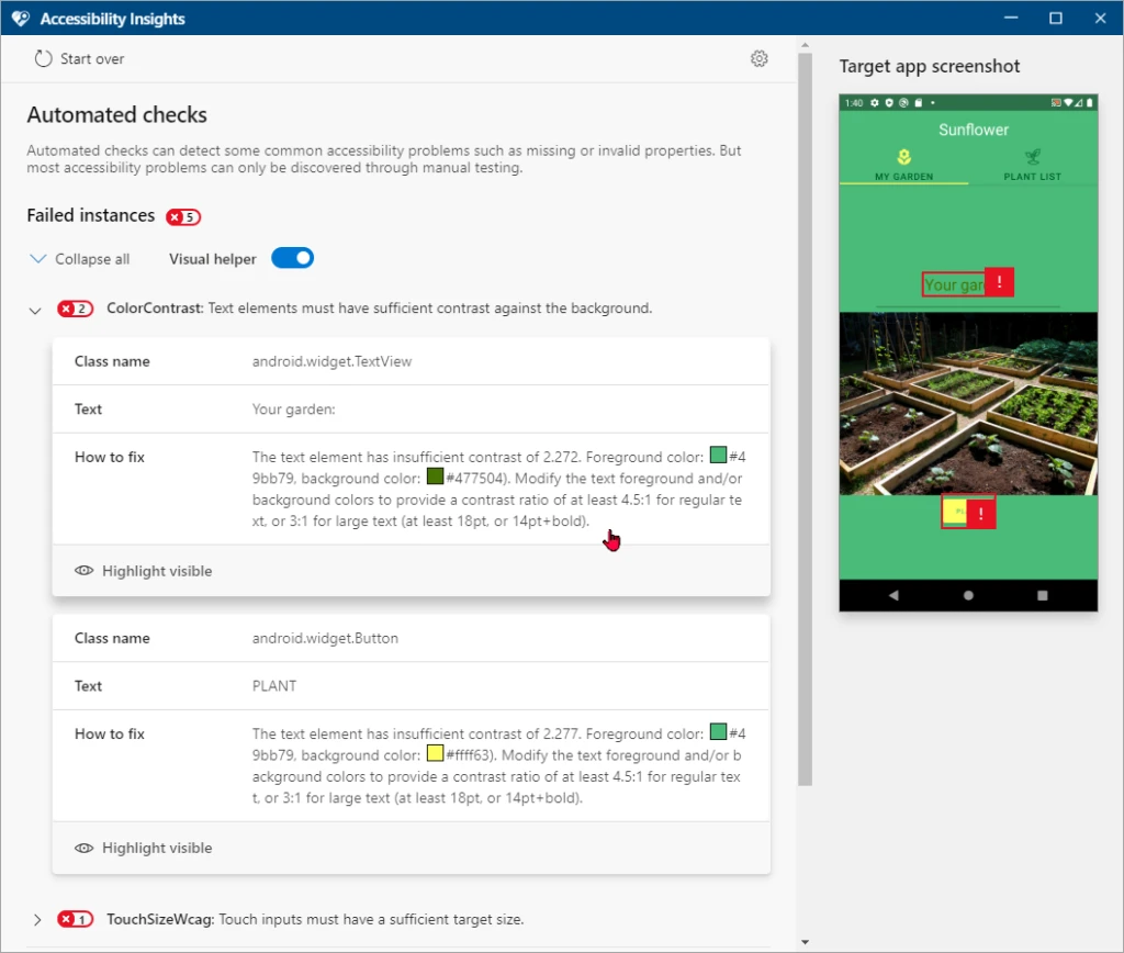 Accessibility Insights screenshot of automated checks