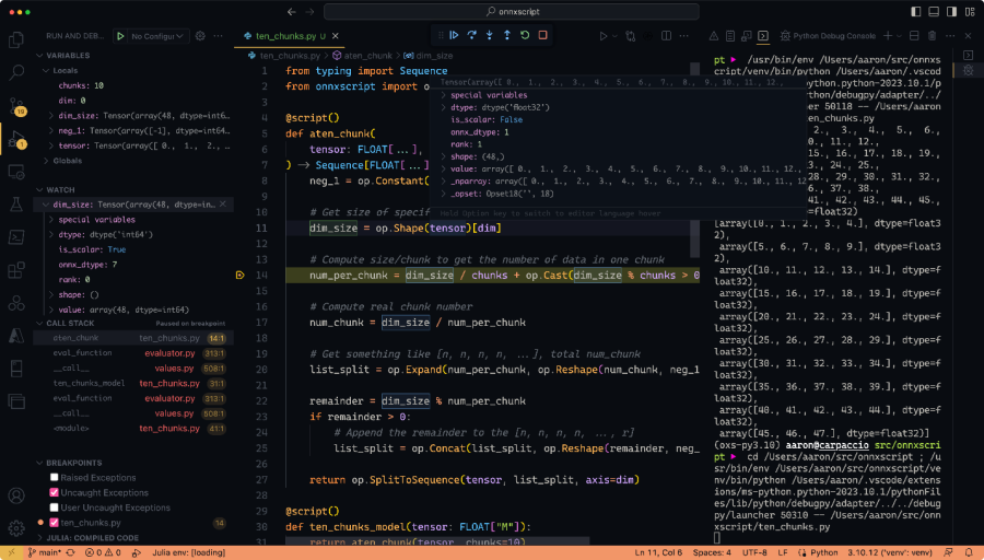 A screenshot of Visual Studio Code debugging the model while stopped on a breakpoint to inspect the dim_size variable and call stack.