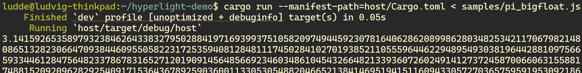 The first few digits of pi being printed after running the command cargo run.