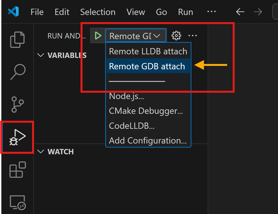 V S Code Activity Bar showing the Remote G D B attach activity in the dropdown list.