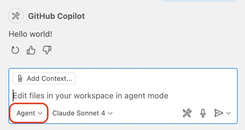 Screenshot of GitHub Copilot chat interface in VS Code showing the Agent Mode toggle and chat input area.