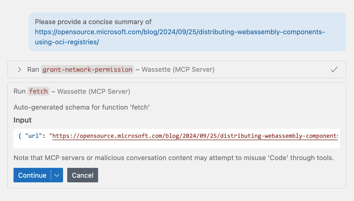Screenshot of GitHub Copilot confirming it will proceed with the HTTP request after receiving permission to access the specified domain.