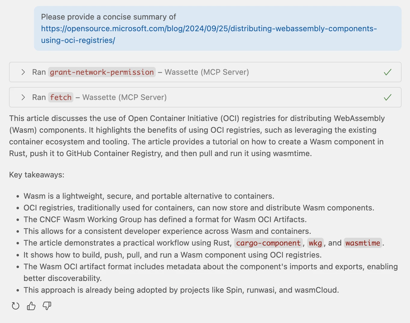 Screenshot of GitHub Copilot providing a concise summary of the blog post about distributing WebAssembly components using OCI registries.