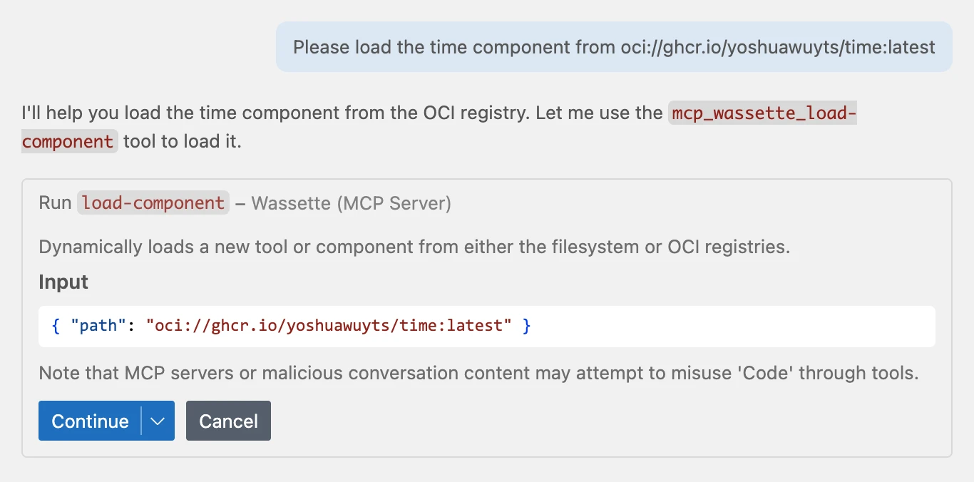 Screenshot of GitHub Copilot confirmation dialog asking user permission before loading the time component from the OCI registry.